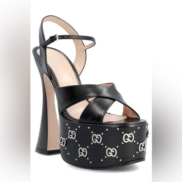 Gucci Black Leather Janaya Gg-studded open toe Platform Sandals EU 41 - Picture 5 of 15